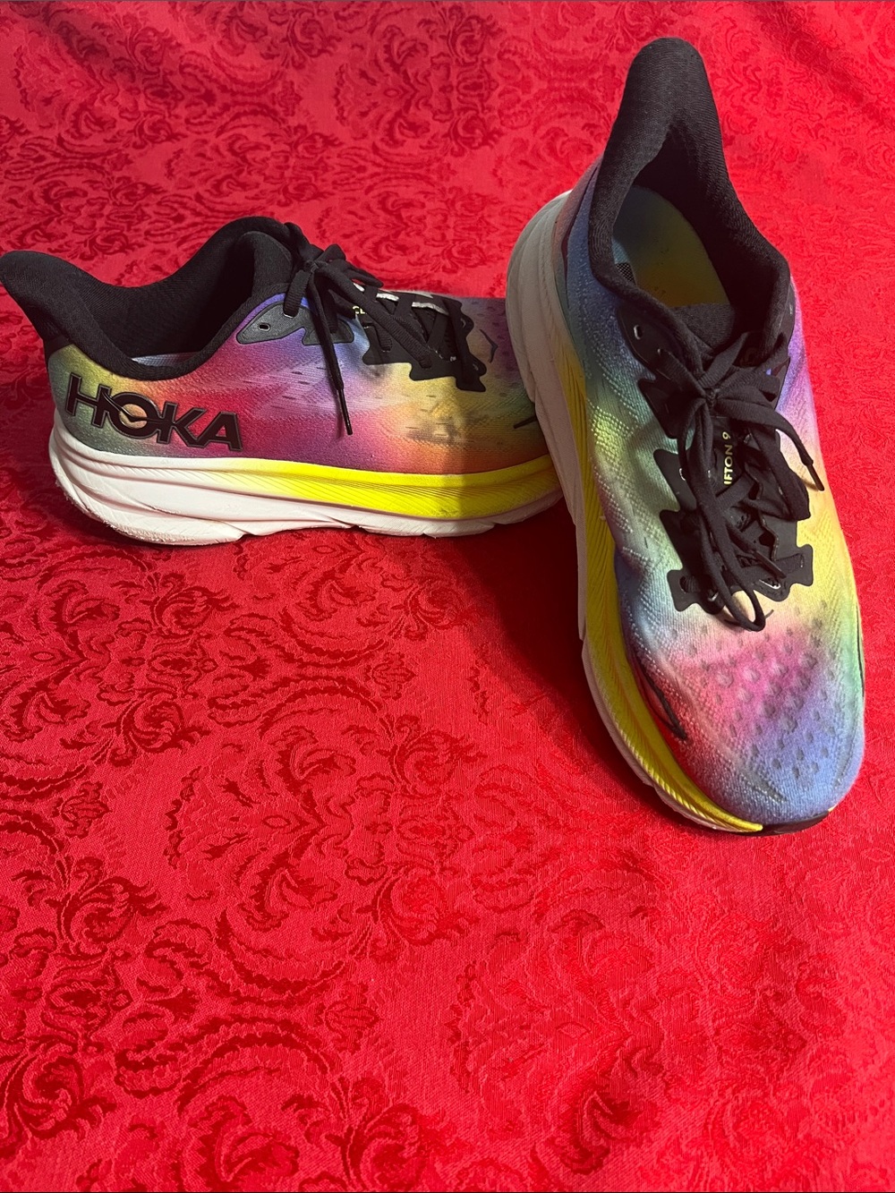 HOKA Clifton 9 Running Shoes Men's 10D Rainbow Gradient Athletic Sneakers